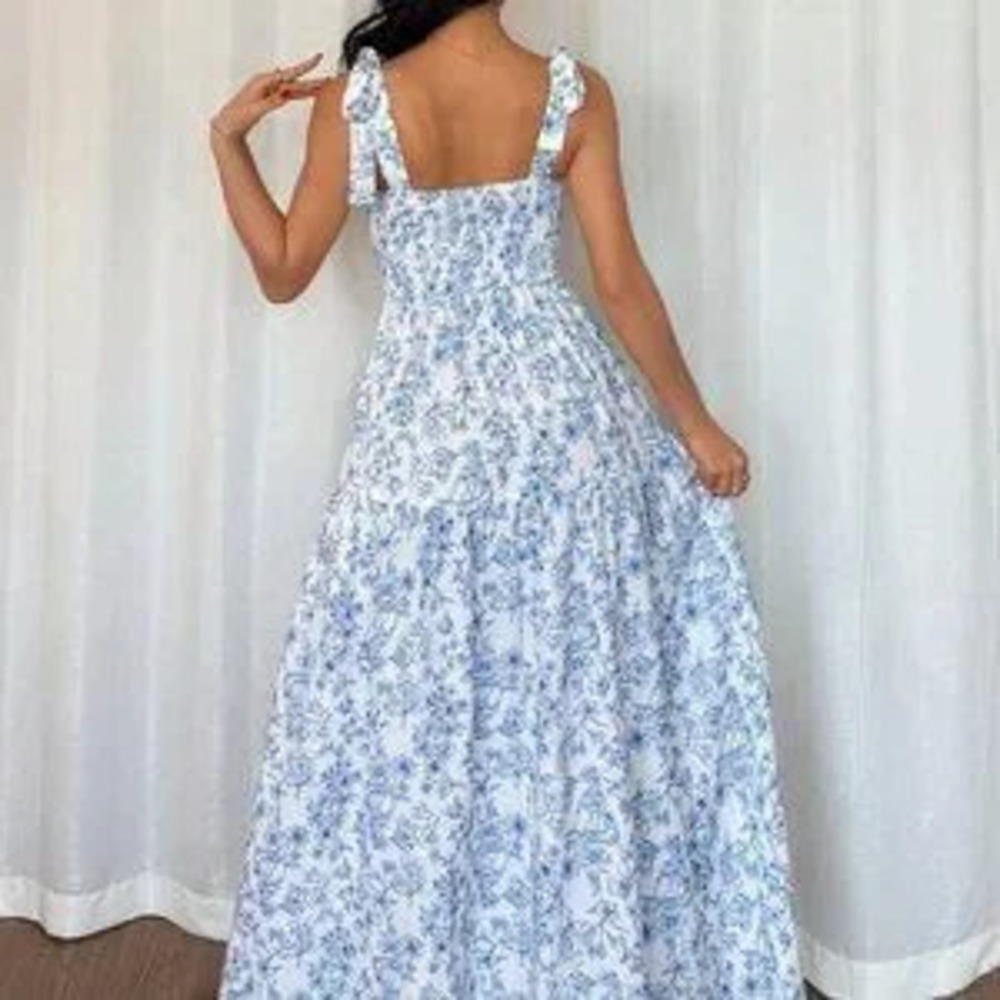 Blue And White Boho Floral Women's Elegant Long Dress - Picture 2 of 5